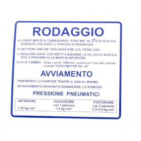 Etichetta targhetta adesiva " RODAGGIO " blu Vespa 50 90 12 PRIMAVERA ET3